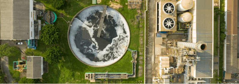 Birdseye photo of a wastewater treatment plant.
